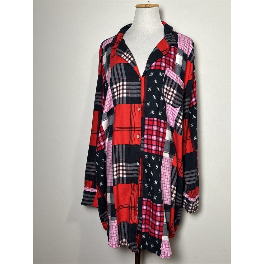 Victoria's Secret Red Black Pink Patchwork Flannel Nightshirt